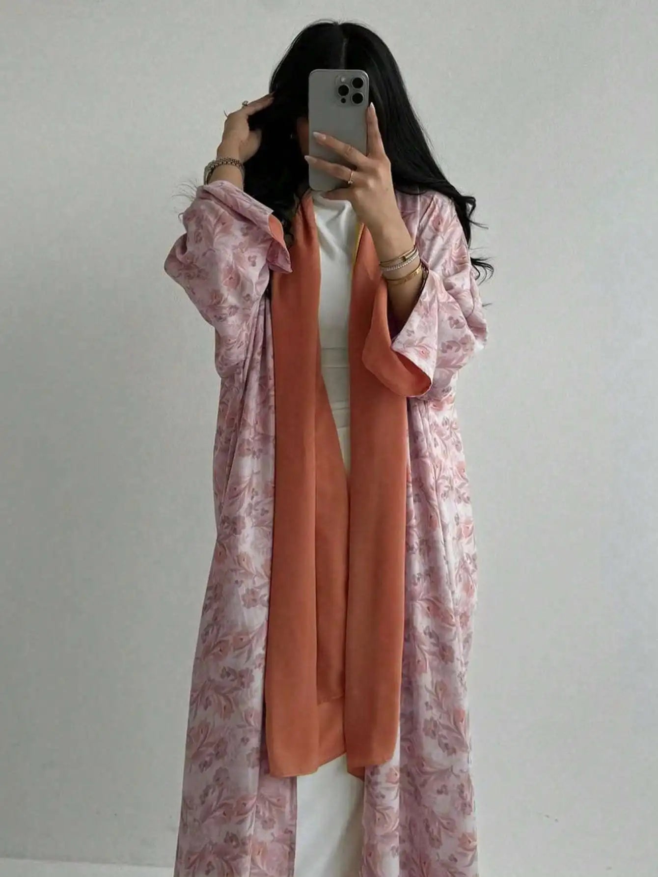 Loose Floral Printed Abaya Long Sleeve Traditional Middle Eastern Dress for Women Elegant Open Front Robe Without Scarf