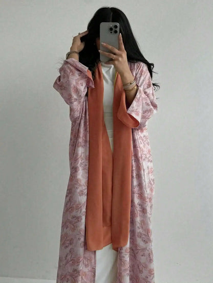 Loose Floral Printed Abaya Long Sleeve Traditional Middle Eastern Dress for Women Elegant Open Front Robe Without Scarf