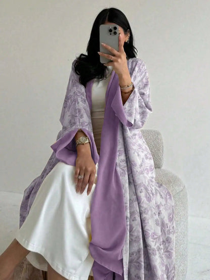 Loose Floral Printed Abaya Long Sleeve Traditional Middle Eastern Dress for Women Elegant Open Front Robe Without Scarf