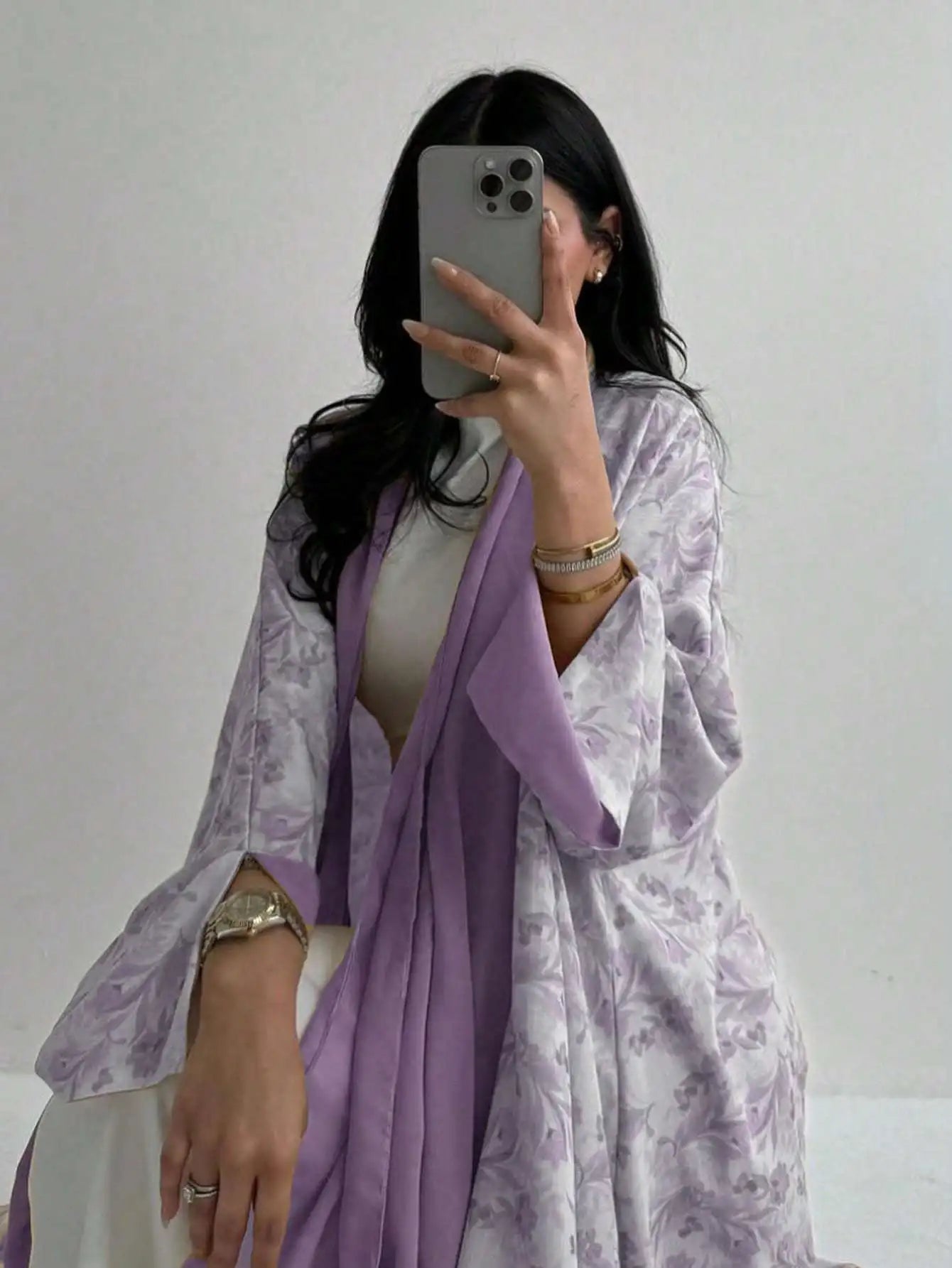 Loose Floral Printed Abaya Long Sleeve Traditional Middle Eastern Dress for Women Elegant Open Front Robe Without Scarf