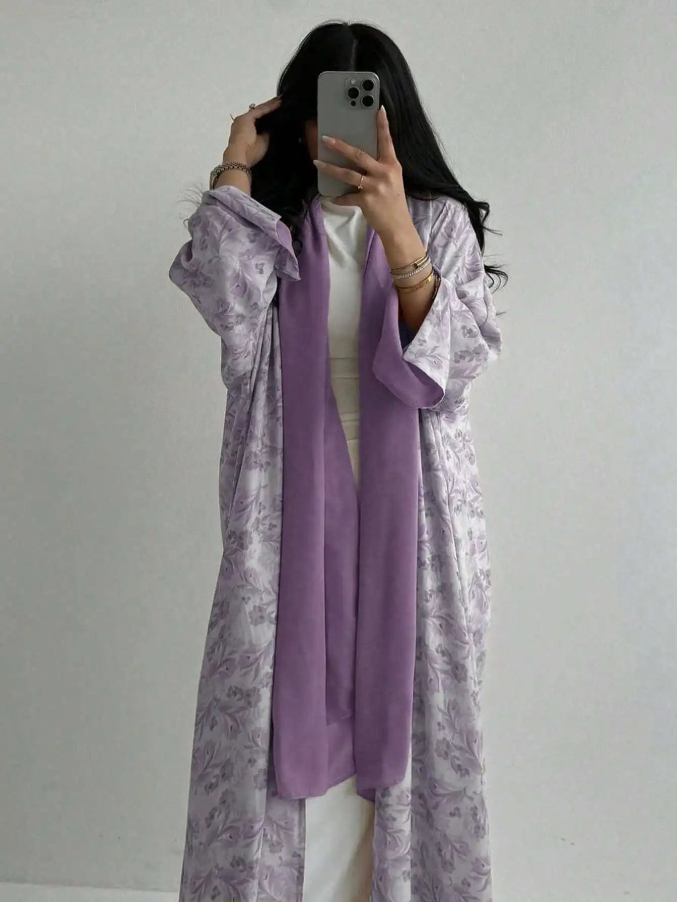 Loose Floral Printed Abaya Long Sleeve Traditional Middle Eastern Dress for Women Elegant Open Front Robe Without Scarf