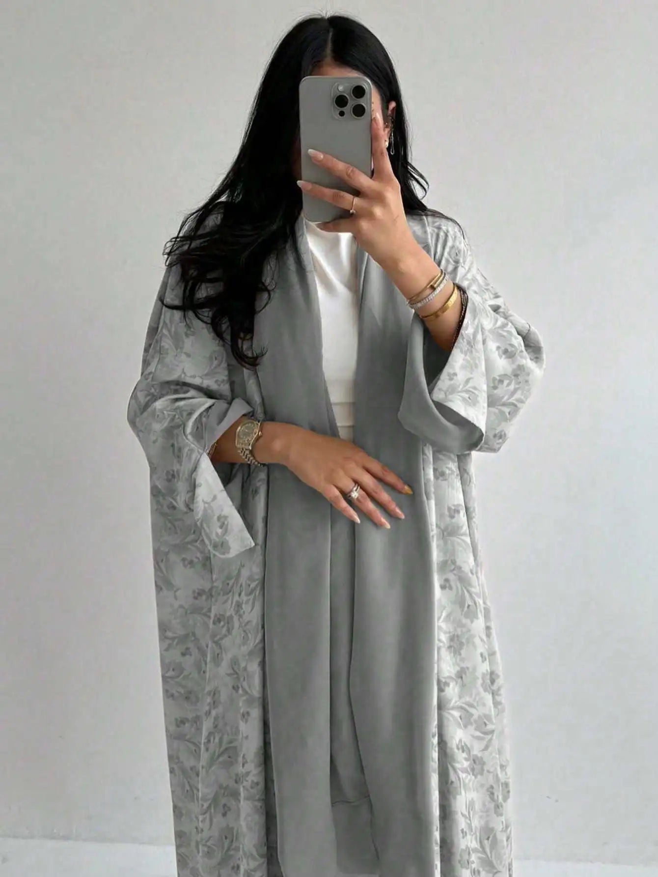 Loose Floral Printed Abaya Long Sleeve Traditional Middle Eastern Dress for Women Elegant Open Front Robe Without Scarf