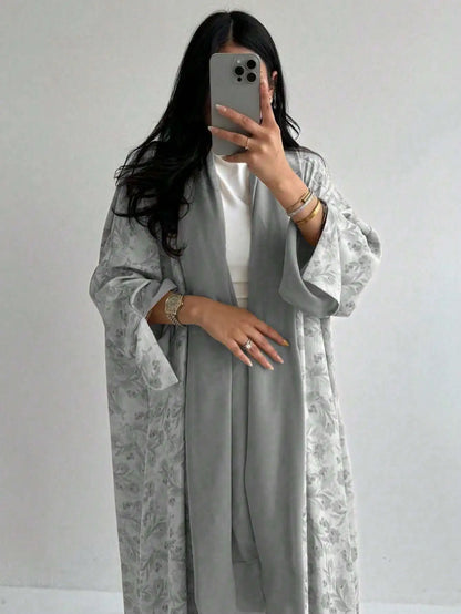 Loose Floral Printed Abaya Long Sleeve Traditional Middle Eastern Dress for Women Elegant Open Front Robe Without Scarf
