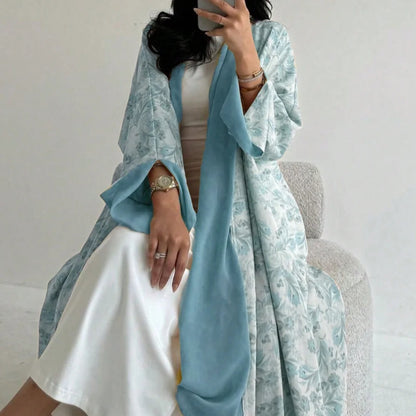Loose Floral Printed Abaya Long Sleeve Traditional Middle Eastern Dress for Women Elegant Open Front Robe Without Scarf