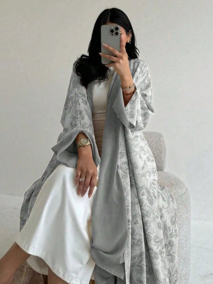 Loose Floral Printed Abaya Long Sleeve Traditional Middle Eastern Dress for Women Elegant Open Front Robe Without Scarf