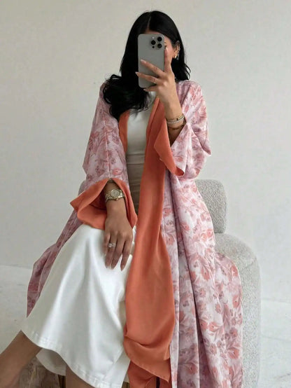 Loose Floral Printed Abaya Long Sleeve Traditional Middle Eastern Dress for Women Elegant Open Front Robe Without Scarf