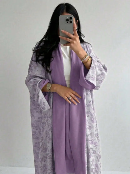 Loose Floral Printed Abaya Long Sleeve Traditional Middle Eastern Dress for Women Elegant Open Front Robe Without Scarf